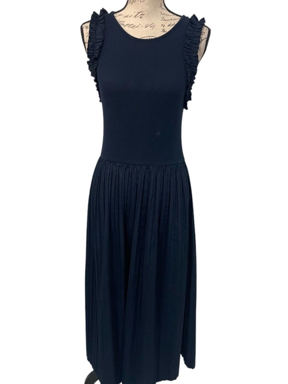 Ellen Tracy Navy Pleated Midi Dress Ruffle Sleeve Size M - Picture 2 of 6